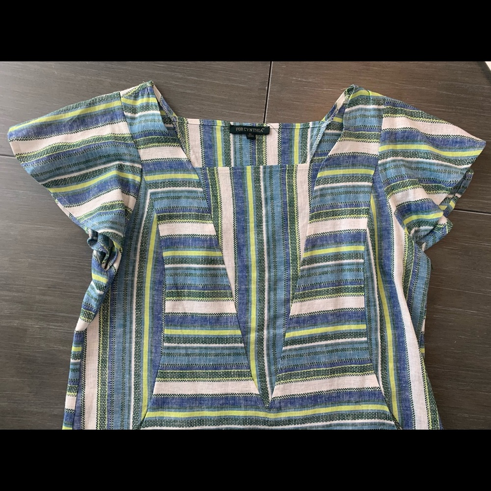 Blouse stripe bl/gr/white linen blend For Cynthia